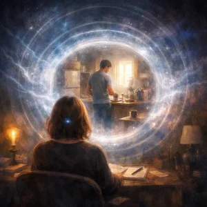 woman seeing a scene of someone in another place